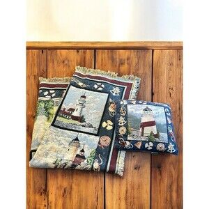Goodwin Weavers Lighthouse Tapestry Blanket 66”x45” & Throw Pillow Beach Cotton